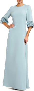 Mac Duggal Women's A-Line Crepe Gown with Embellished Three-Quarter Sleeves