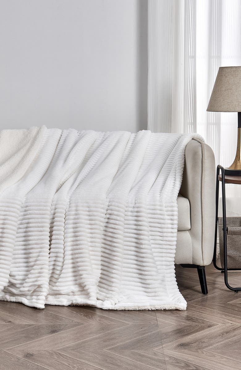 Woven & Weft Plush Ribbed Velvet Reversible Faux Shearling Throw Blanket, Alternate, color, White