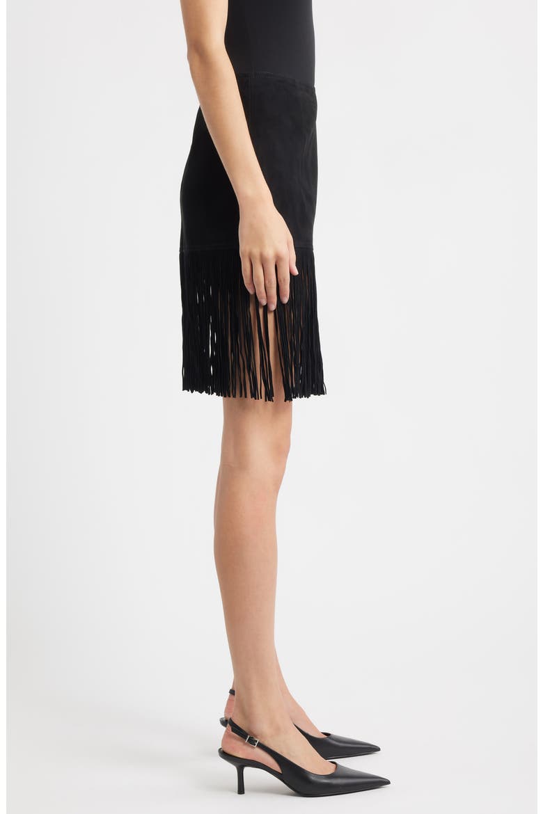 The Saddle Fringe Trim Suede Skirt, Alternate, color, BLACK