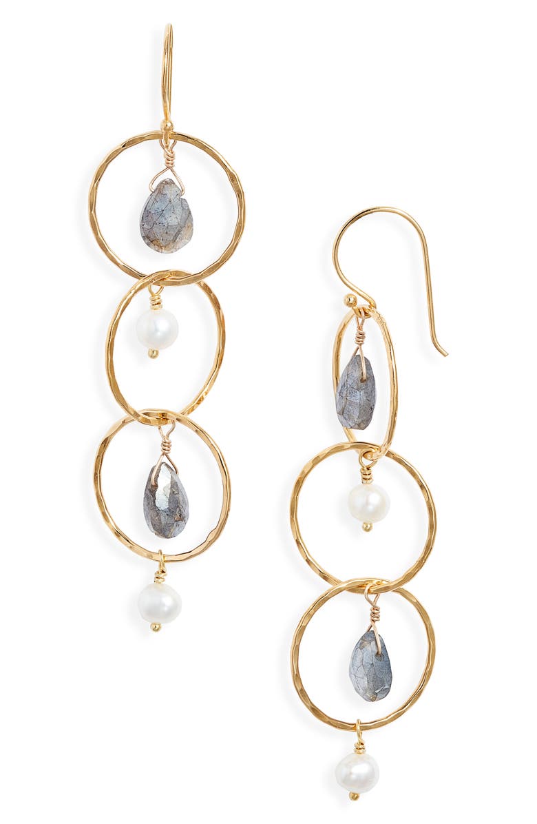 Kiara by Ki-ele Trinity Labradorite & Freshwater Pearl Drop Earrings, Main, color, Gold