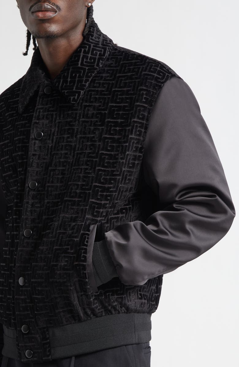 Balmain Monogram Velvet & Satin Bomber Jacket, Alternate, color, Eap Black/ Black