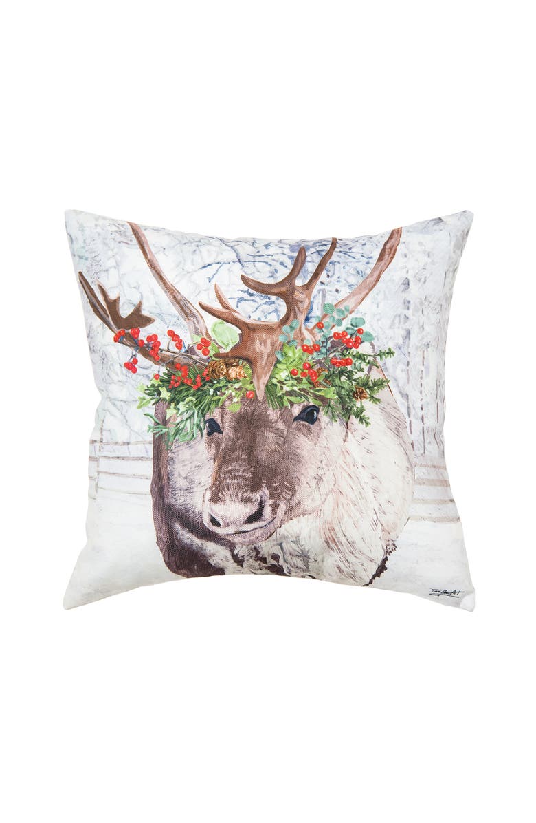 C&F Home Reindeer Wearing Holly Flower Crown Indoor/Outdoor Christmas Accent Throw Pillow 18" x 18", Main, color, Brown