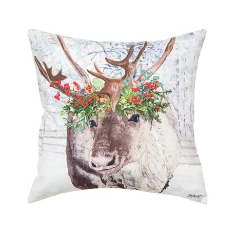 Reindeer Wearing Holly Flower Crown Indoor/Outdoor Christmas Accent Throw Pillow 18" x 18"