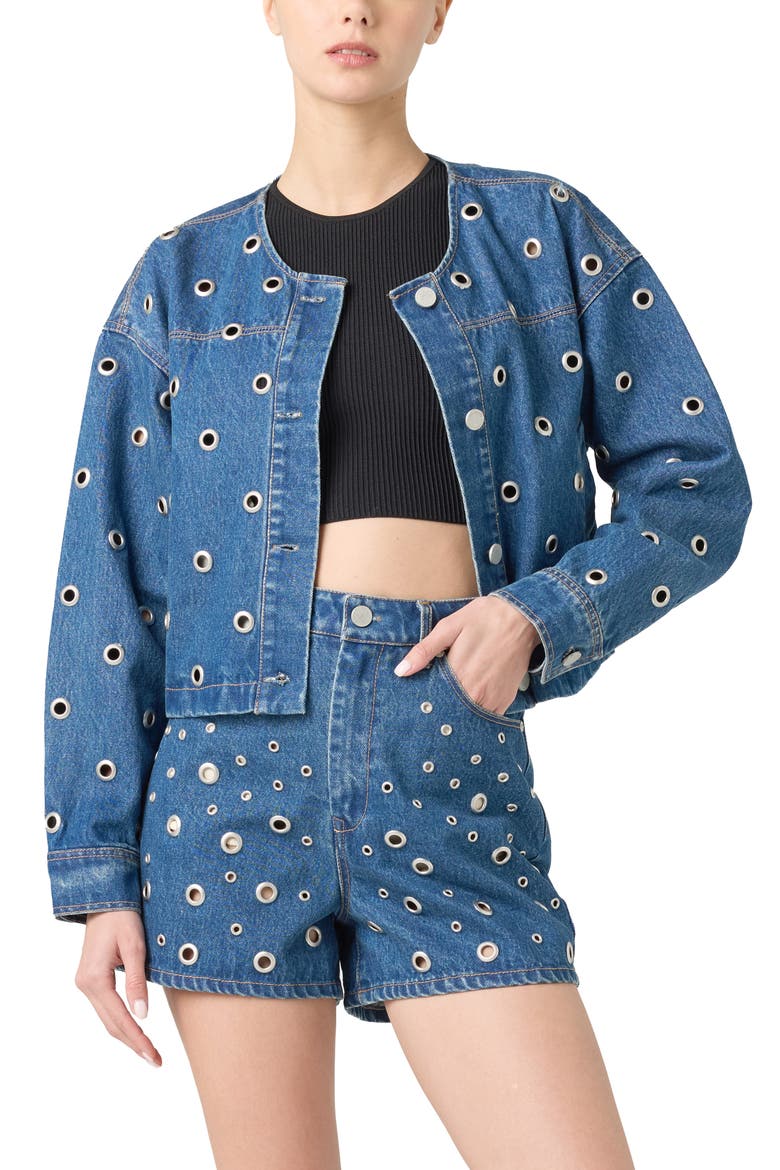 Grommet Collarless Crop Denim Jacket, Alternate, color, SILVER DREAMS