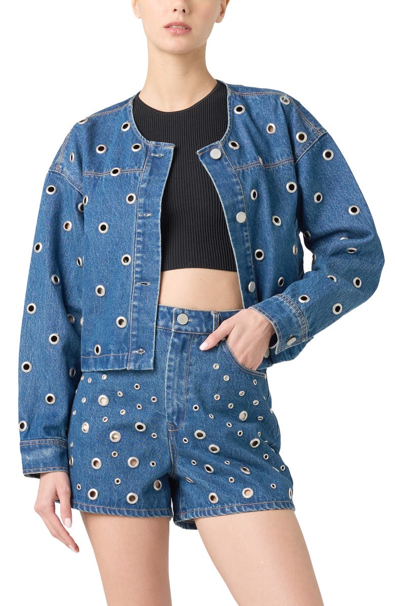 BLANKNYC Grommet Collarless Crop Denim Jacket, Alternate, color, Silver Dreams