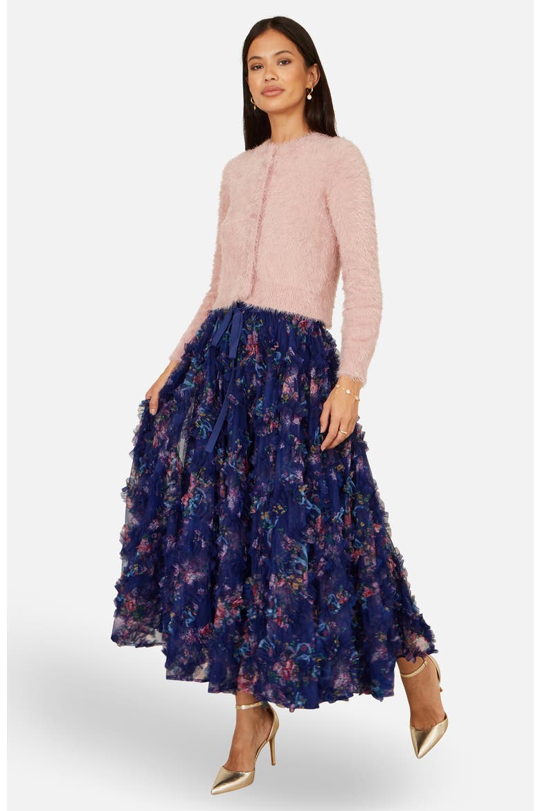 Floral Ruffle Mesh Midi Skirt, Alternate, color, Navy