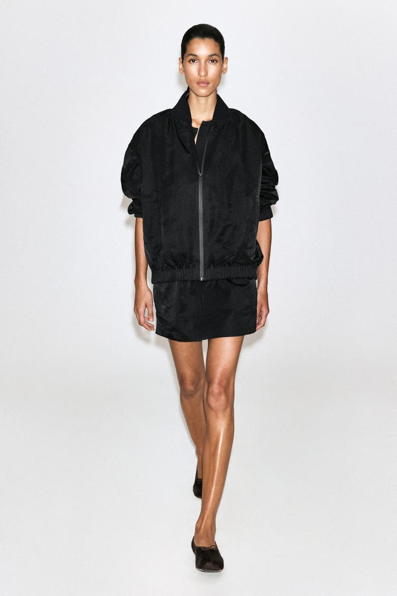 Gathered Nylon Bomber Jacket, Main, color, BLACK