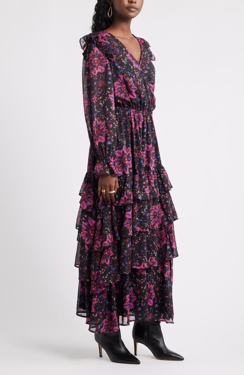 Treasure & Bond Tiered Ruffle Faux Wrap Maxi Dress, Alternate, color, Black-Pink Painterly Medallion