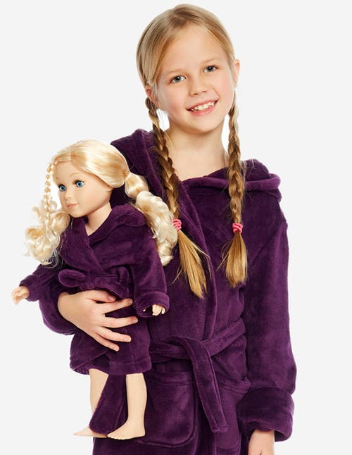 Leveret Girls Fleece Hooded Robe With Matching Doll Robe In Purple