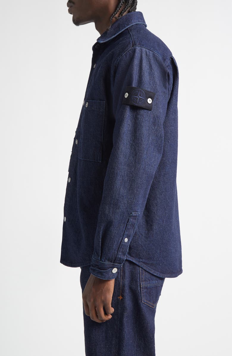 Stone Island Compass Logo Patch Denim Snap-Up Overshirt, Alternate, color, Vj201 Indigo Denim-Rinsed