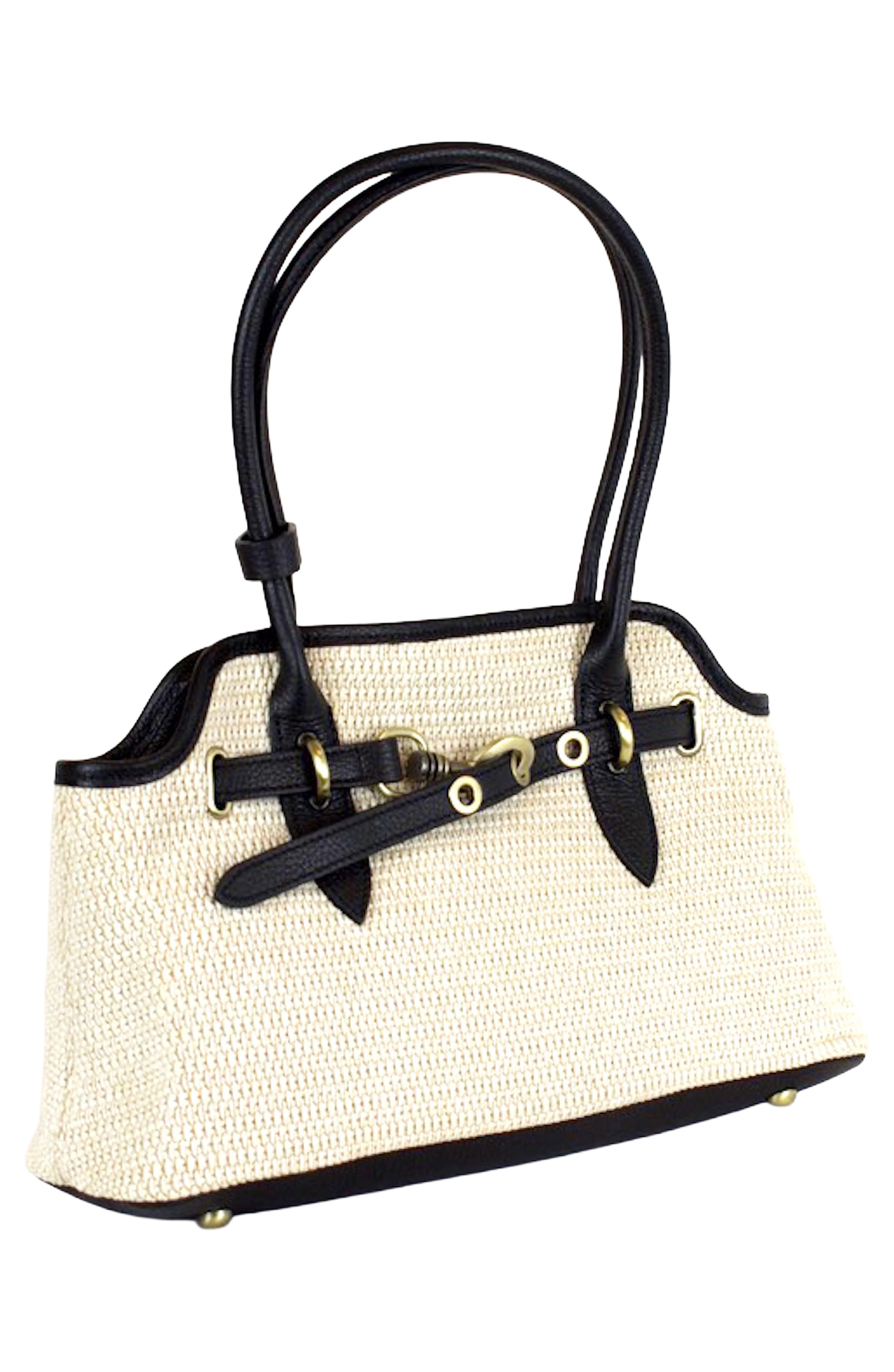 Persaman New York Marlow Raffia & Leather Shoulder Bag, Alternate, color, Black