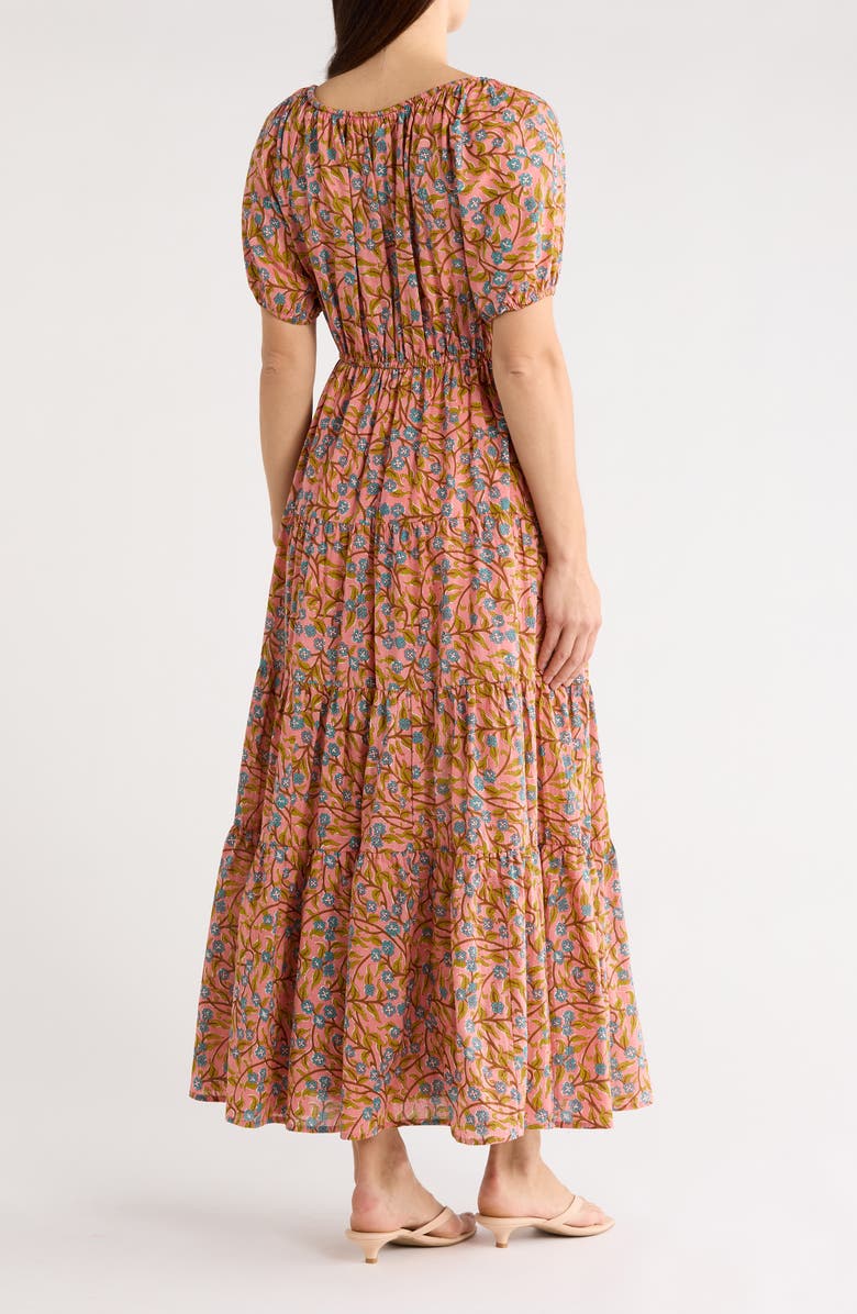 Maisie Short Sleeve Tiered Cotton Midi Dress, Alternate, color, Pink/ Turquoise