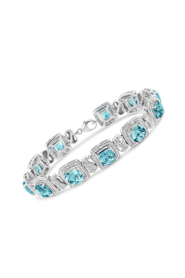 .925 Sterling Silver 7x7 mm Cushion Cut Blue Topaz and 1/10 Ctw Single Cut Diamond Square Shape Tennis Bracelet, Alternate, color, Blue Topaz