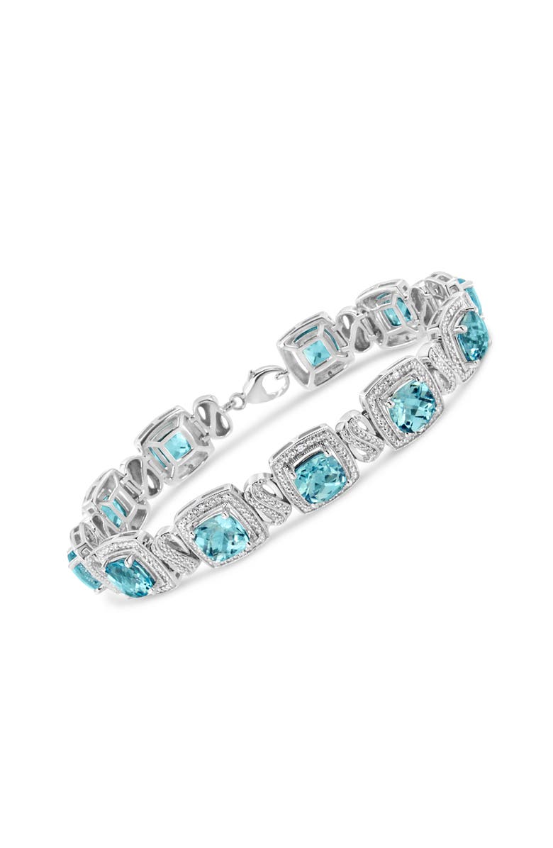 Haus of Brilliance .925 Sterling Silver 7x7 mm Cushion Cut Blue Topaz and 1/10 Ctw Single Cut Diamond Square Shape Tennis Bracelet, Alternate, color, Blue Topaz