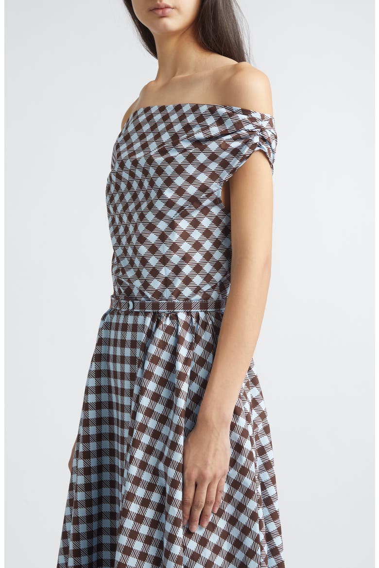 Gingham Print Cotton Stretch Poplin Off the Shoulder Dress, Alternate, color, ICE/ MAHOGANY