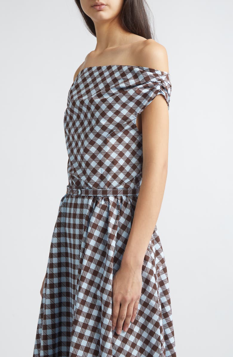 Oscar de la Renta Gingham Print Cotton Stretch Poplin Off the Shoulder Dress, Alternate, color, Ice/ Mahogany