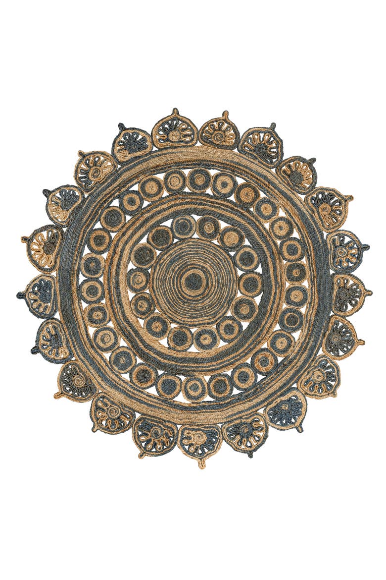 Flora Medallion Contemporary Bohemian Round Jute Round Area Rug, Main, color, Blue/Natural