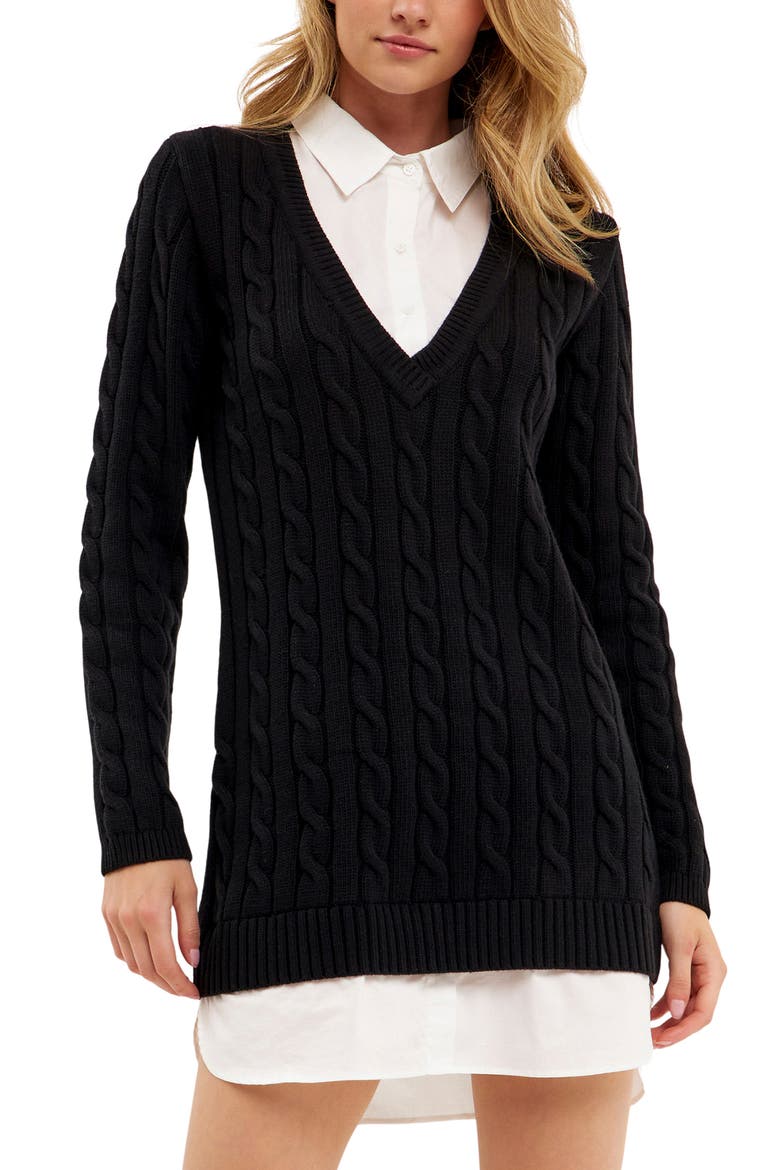Mixed Media Cable Stitch Long Sleeve Sweater Dress, Main, color, BLACK