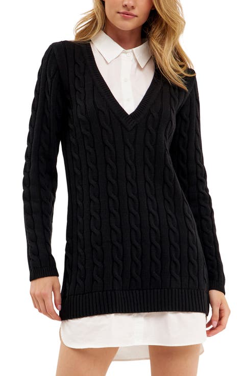 Mixed Media Cable Stitch Long Sleeve Sweater Dress