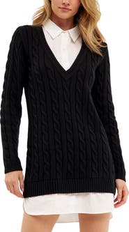 English Factory Mixed Media Cable Stitch Long Sleeve Sweater Dress