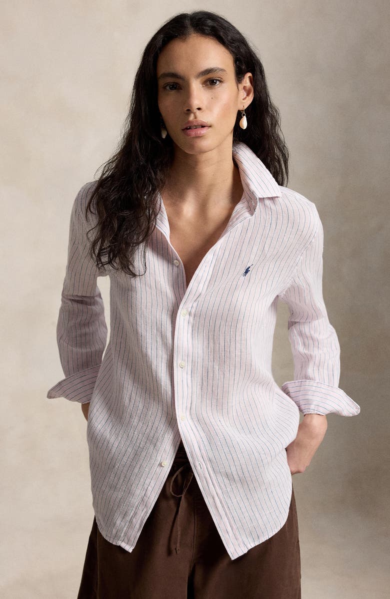 Polo Ralph Lauren Stripe Linen Button-Up Shirt, Alternate, color, Hint Of Pink-White