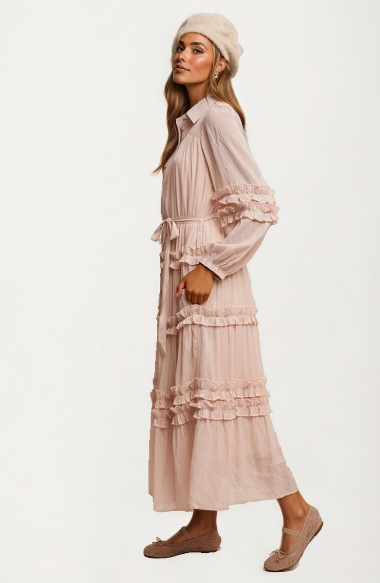 Knit and Lounge Ruffle Tiered Maxi Shirt Dress, Alternate, color, Blush