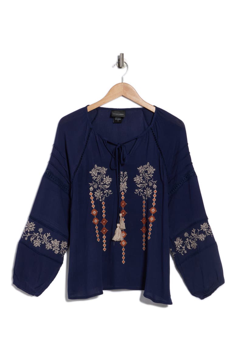 Embroidered Keyhole Long Sleeve Tunic Top, Alternate, color, NAVY