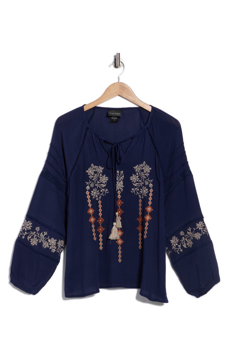 Forgotten Grace Embroidered Keyhole Long Sleeve Tunic Top, Alternate, color, Navy