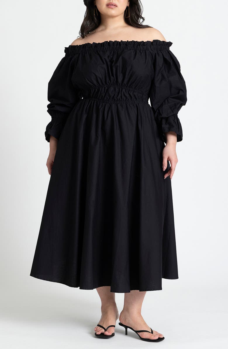 ELOQUII Ruffle Off the Shoulder Long Sleeve Maxi Dress, Main, color,