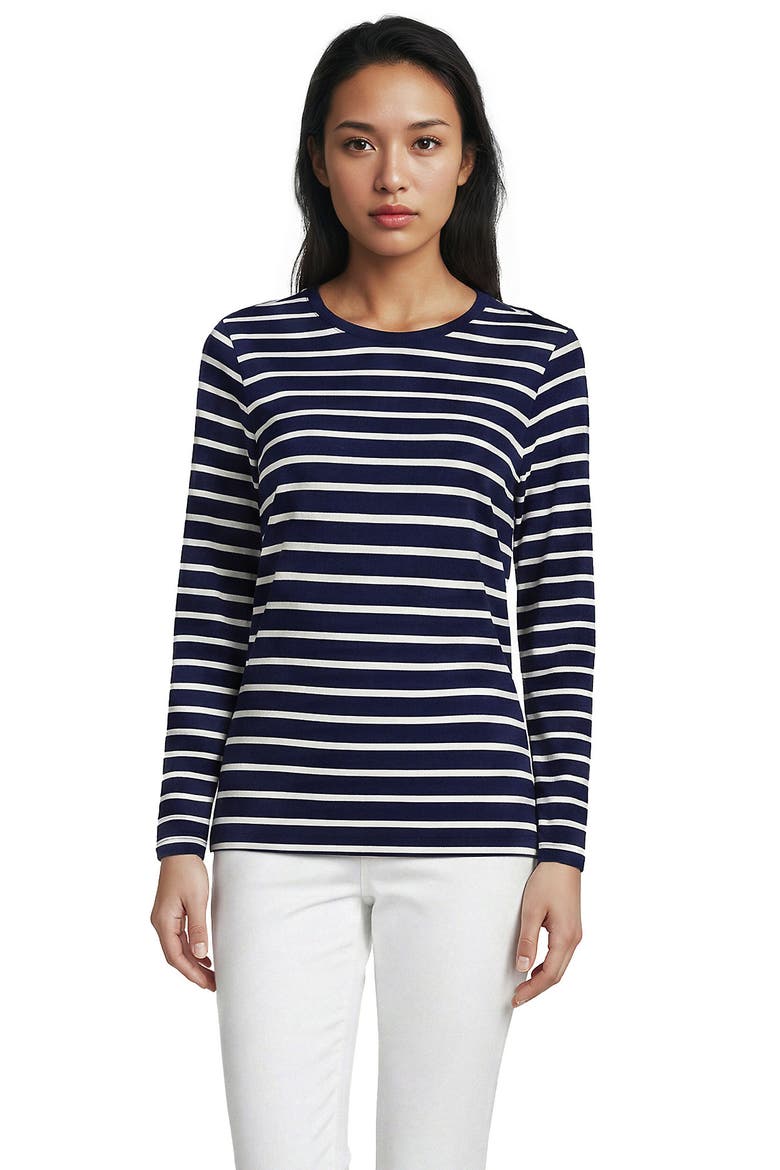 Supima Cotton Long Sleeve Crewneck T-Shirt, Main, color, Deep Sea/Ivory Breton Stripe