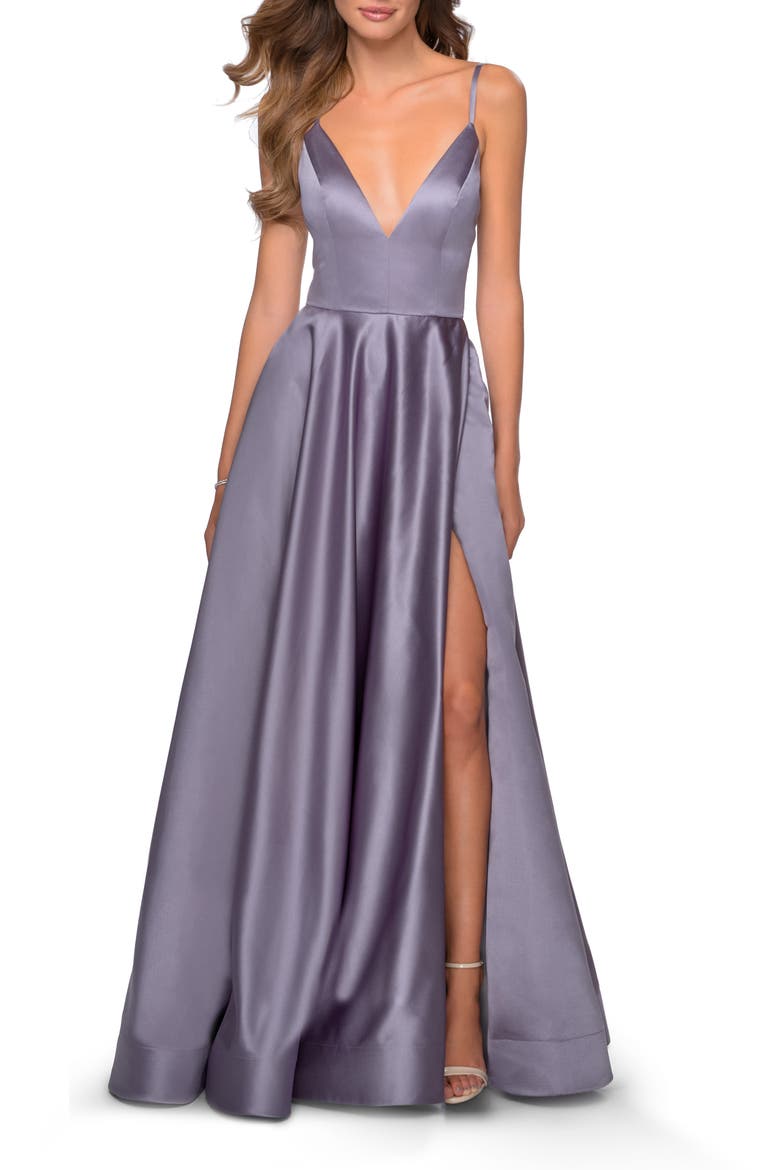 V-Neck Satin Prom Dress with Lace Up Back, Main, color, Lavender/Gray
