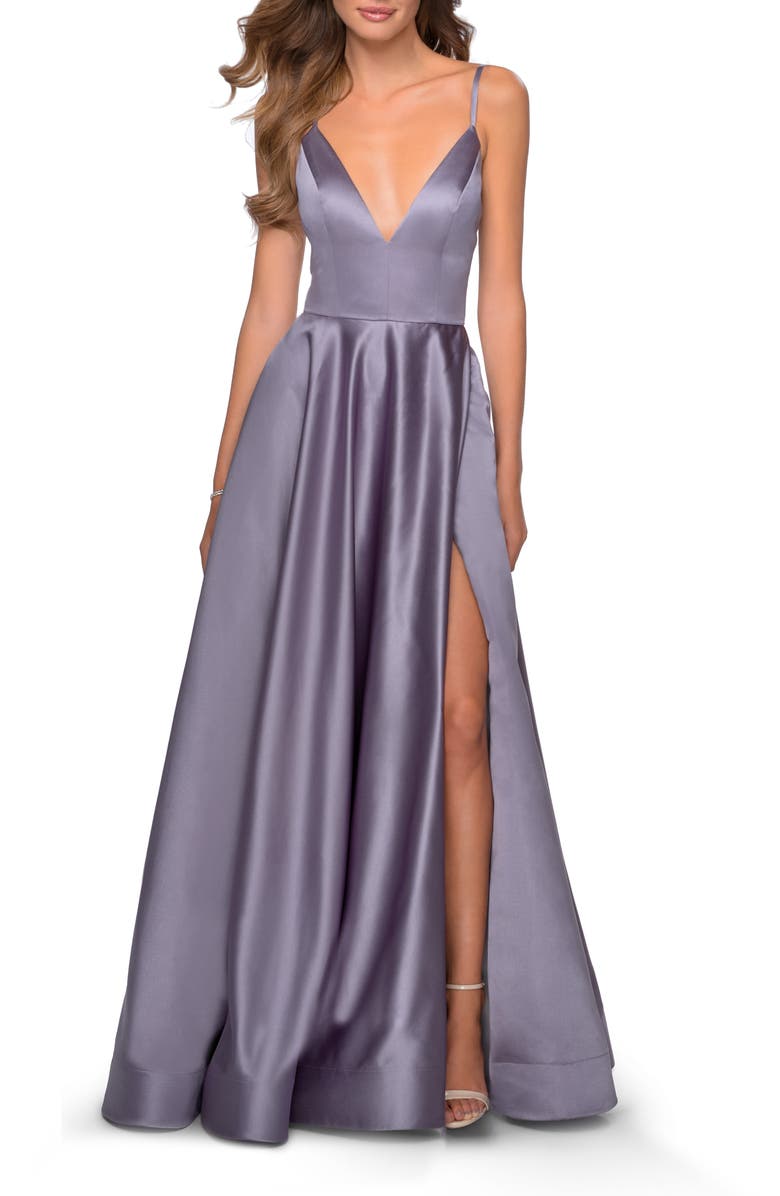 La Femme V-Neck Satin Prom Dress with Lace Up Back, Main, color, Lavender/Gray