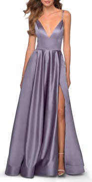La Femme V-Neck Satin Prom Dress with Lace Up Back