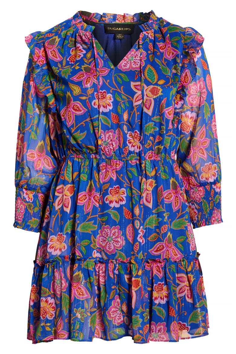 Wendey Floral Print Metallic Long Sleeve Dress, Alternate, color, BLUE-MULT