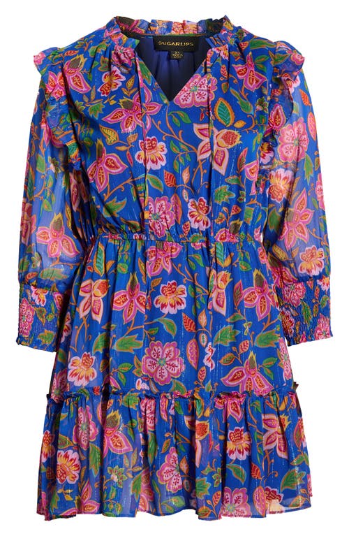 SUGARLIPS Wendey Floral Print Metallic Long Sleeve Dress in Blue-Mult 