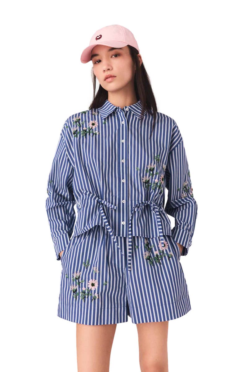 maje Cropped embroidered striped shirt, Main, color, White/Blue