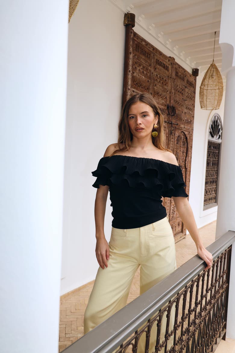 Flouncecras Ruffle Bardot Top, Alternate, color, Black