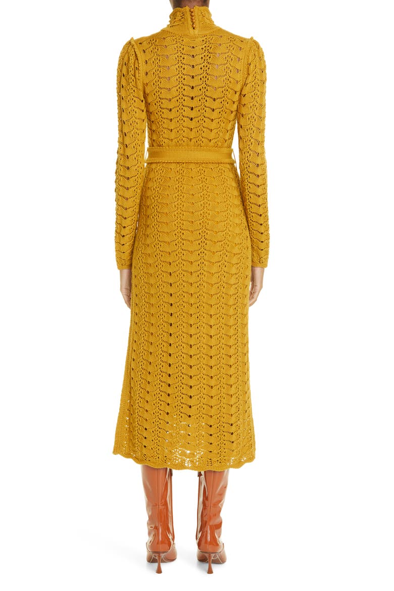 Concert Long Sleeve Crochet Merino Wool Midi Dress, Alternate, color, DARK MUSTARD