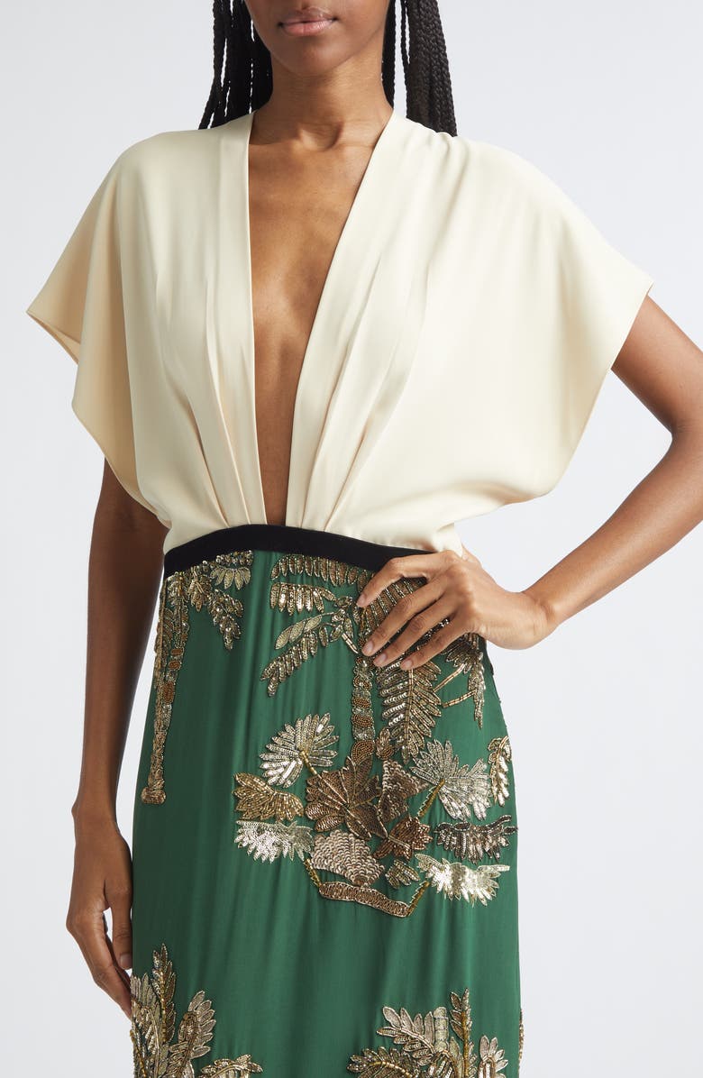 Johanna Ortiz Night Steps Plunge Neck Silk Blend Maxi Dress, Alternate, color, Ecru / Green