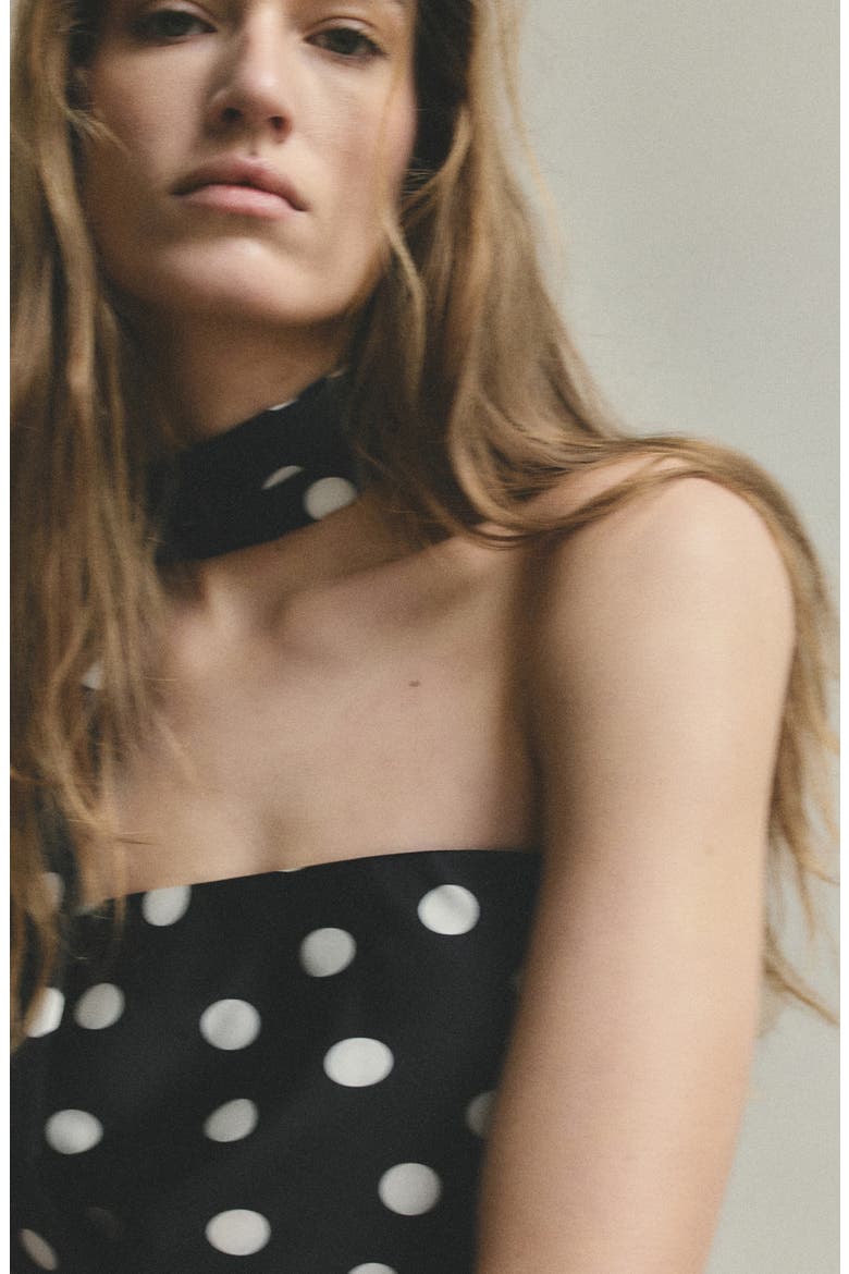 Polka Dot Strapless Midi Dress with Scarf Detail, Alternate, color, BLACK