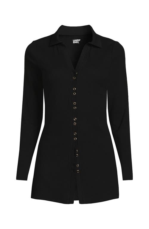 Lands' End Long Sleeve Polished Rib Button Through Tunic Shirt In Black