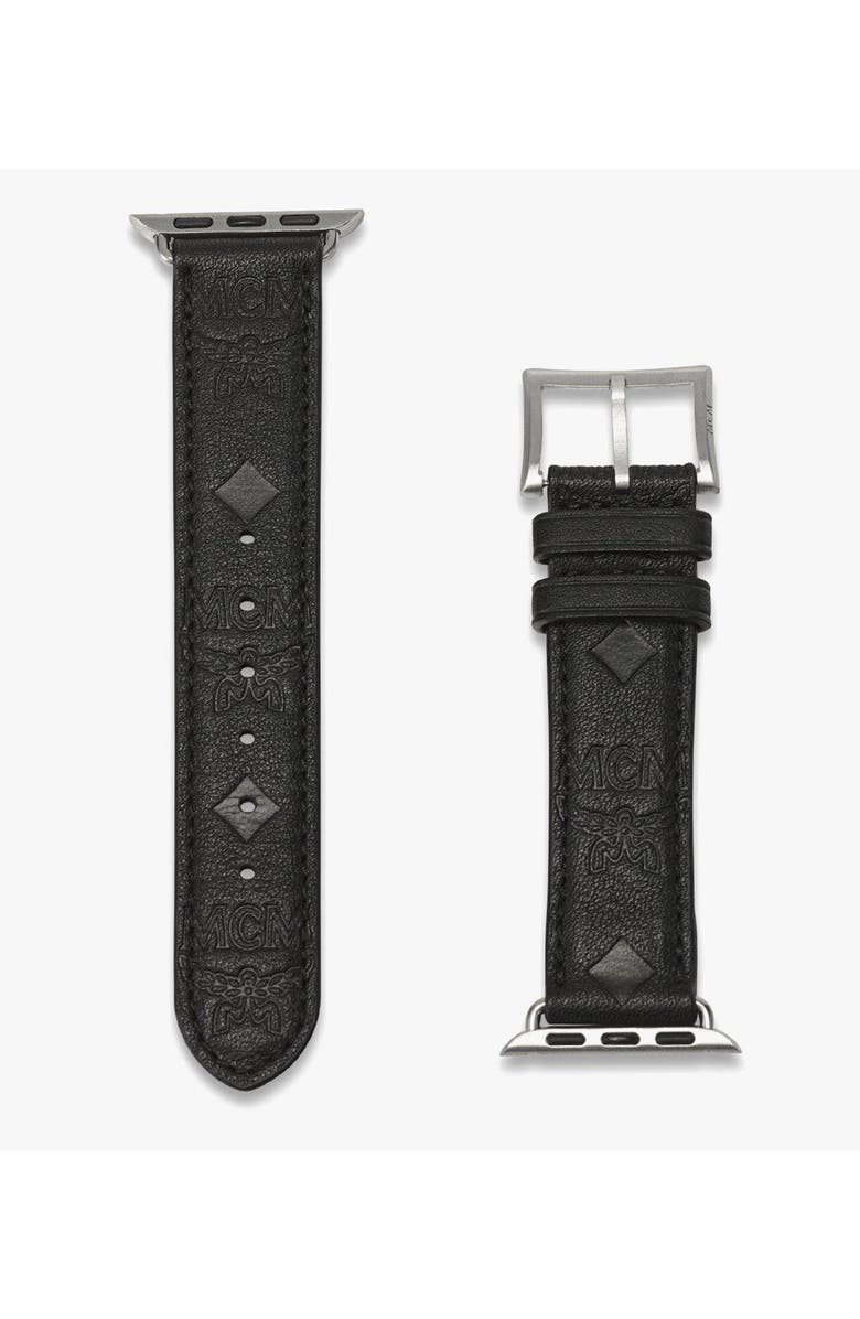 MCM Apple Watch Band in Embossed Monogram Leather, Alternate, color, Black
