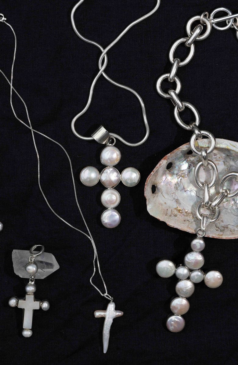 Child of Wild Seraphic Tide Freshwater Pearl Cross Necklace, Alternate, color, Silver