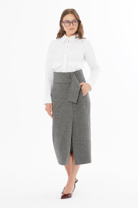Pencil Skirt with Slit and Belt Detail