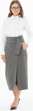 Gizia Wool-Blend Pencil Midi Skirt with Slit & Belt