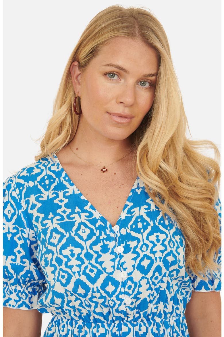 Geometric Print Puff Sleeve Midi Dress, Alternate, color, Blue