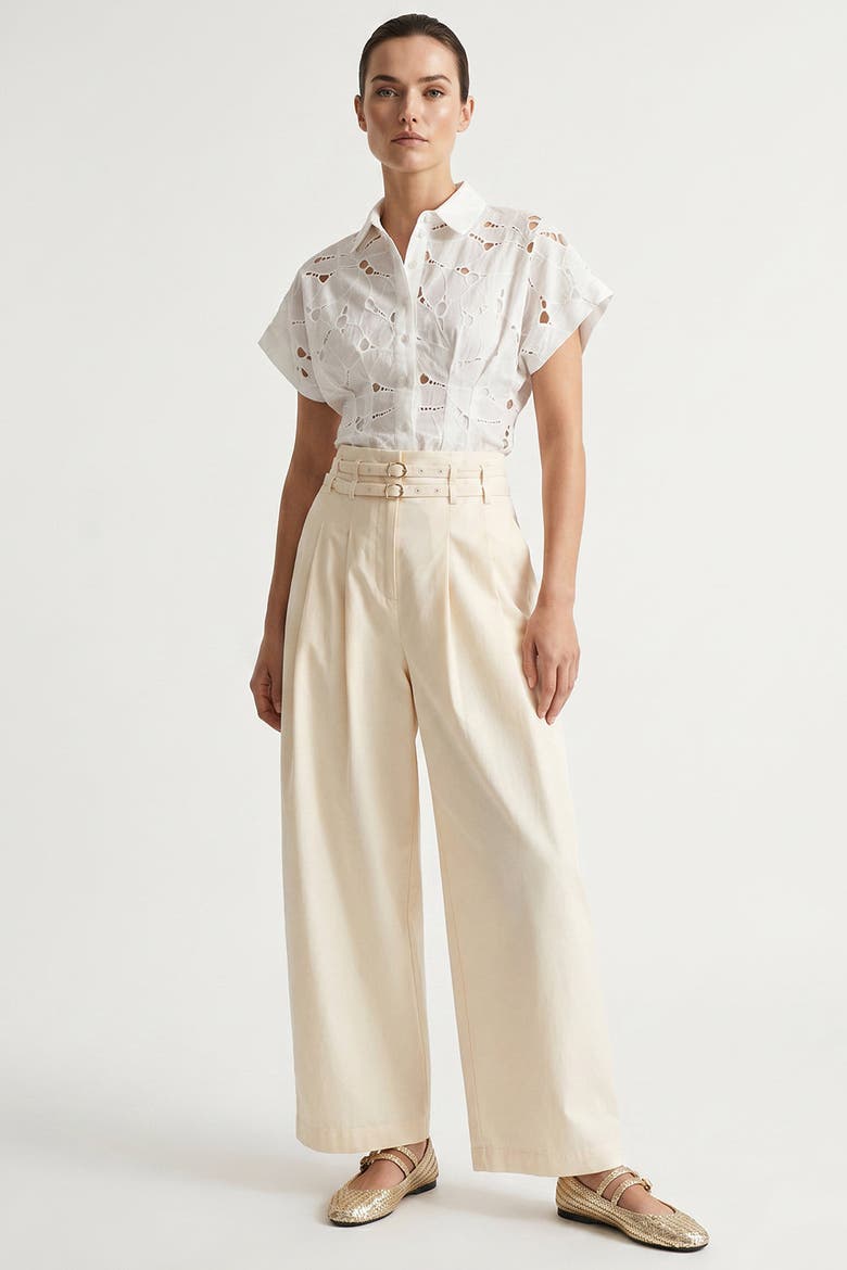Mckenna Belted High Waisted Pleated Pants, Main, color, Ecru
