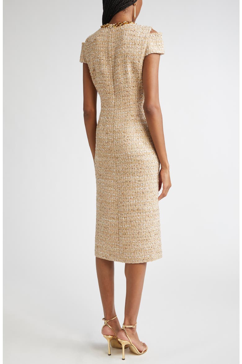 Phoebe Chain Embellished Tweed Sheath Dress, Alternate, color, FLAX WILLOW/ IVORY MULTI