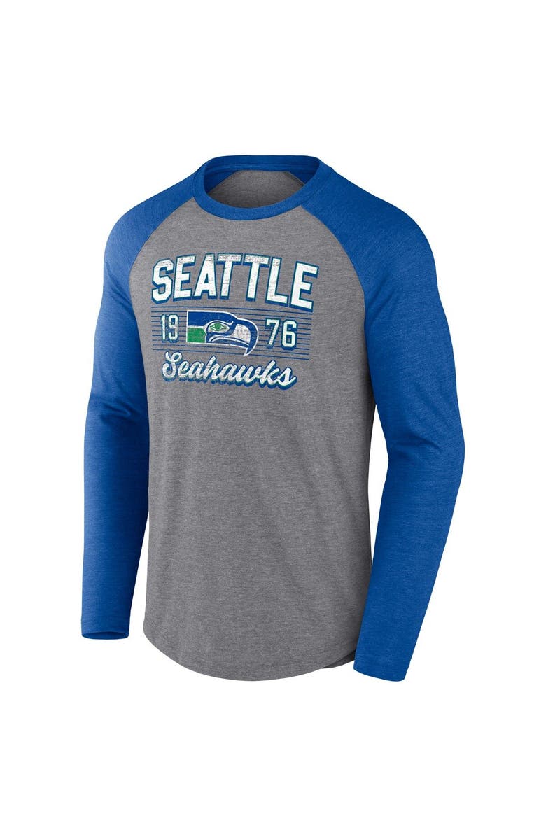 FANATICS Men's Fanatics Branded Heathered Gray/Heathered Royal Seattle Seahawks Weekend Casual Raglan Long Sleeve T-Shirt, Alternate, color, 