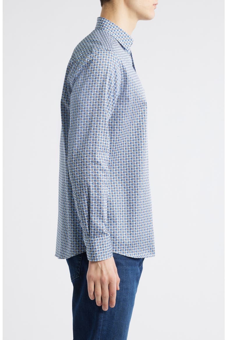 Wavy Diamond Print Cotton Button-Up Shirt, Alternate, color, BLUE/ BROWN